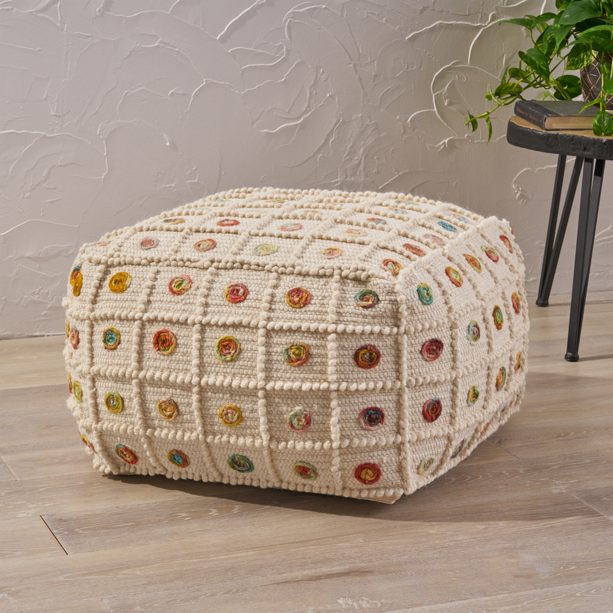 Jocelyn Boho Cube Wool And Cotton Pouf - 26.00 D X 26.00 W X 16.50 H