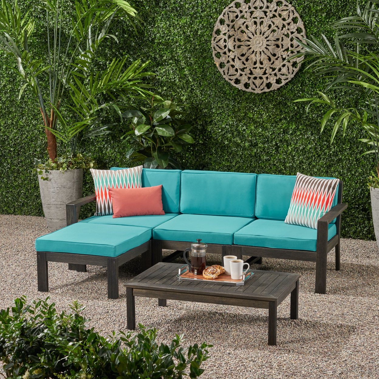 Ana Outdoor 3 Seater Acacia Wood Sofa Sectional With Cushions - Wire Brushed Dark Gray + Teal