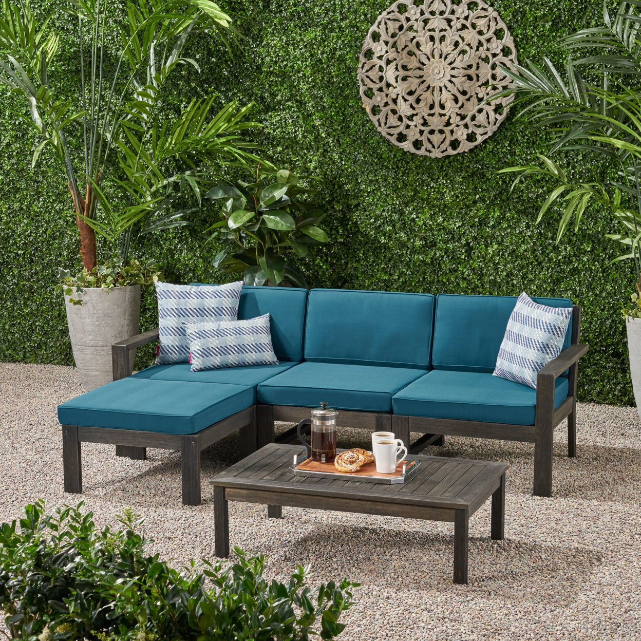 Ana Outdoor 3 Seater Acacia Wood Sofa Sectional With Cushions - Wire Brushed Dark Gray + Light Gray