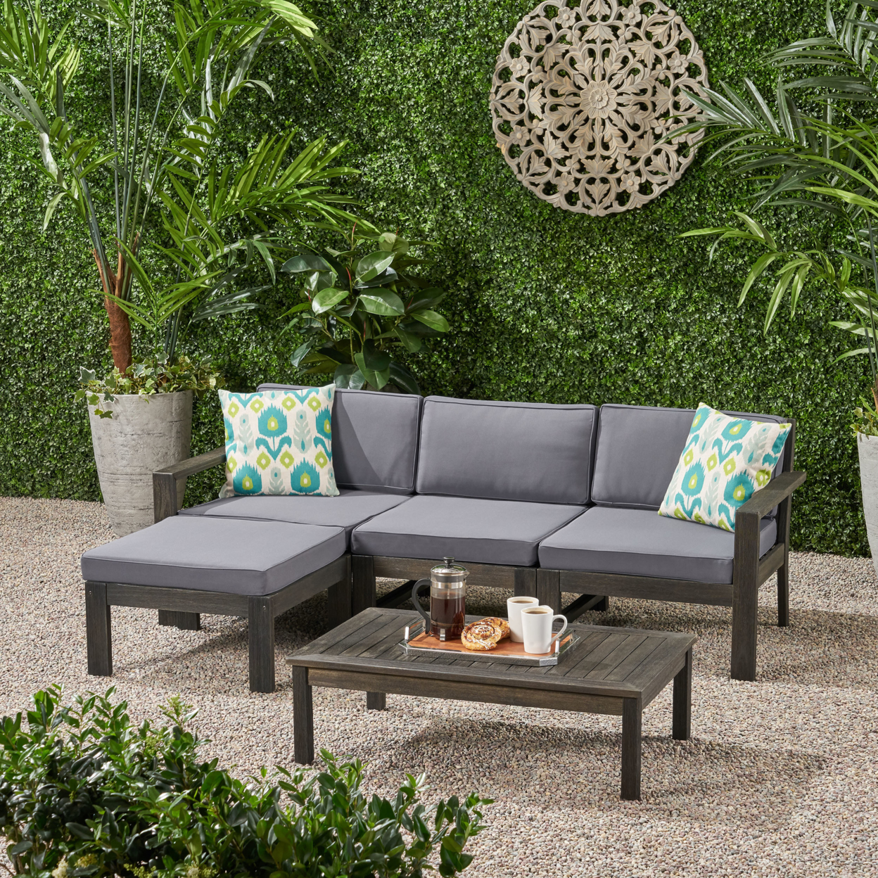 Ana Outdoor 3 Seater Acacia Wood Sofa Sectional With Cushions - Wire Brushed Dark Gray + Dark Gray