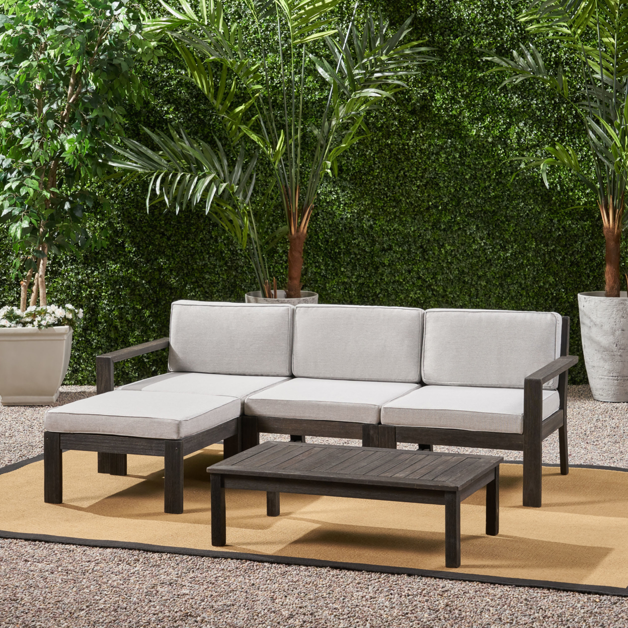 Ana Outdoor 3 Seater Acacia Wood Sofa Sectional With Cushions - Wire Brushed Dark Gray + Light Gray