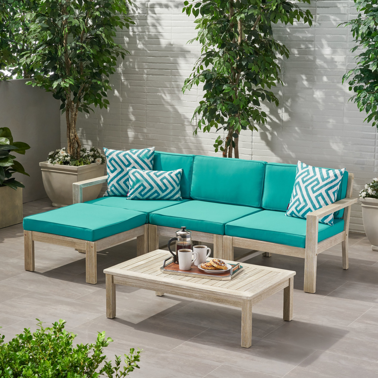 Isabella Ana Outdoor 3 Seater Acacia Wood Sofa Sectional With Cushions - Wire Brushed Light Gray Wash + Teal