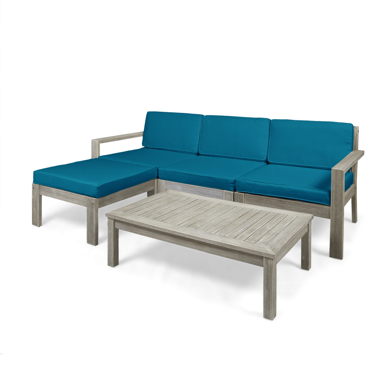 Isabella Ana Outdoor 3 Seater Acacia Wood Sofa Sectional With Cushions - Wire Brushed Light Gray Wash + Cream