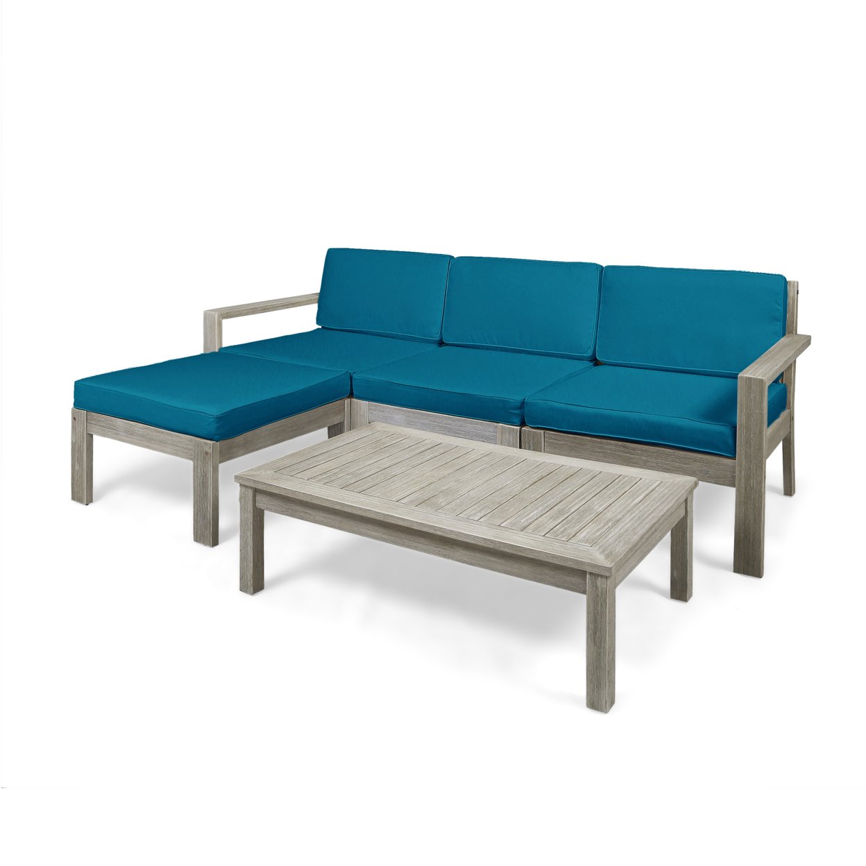 Isabella Ana Outdoor 3 Seater Acacia Wood Sofa Sectional With Cushions - Wire Brushed Light Gray Wash + Teal