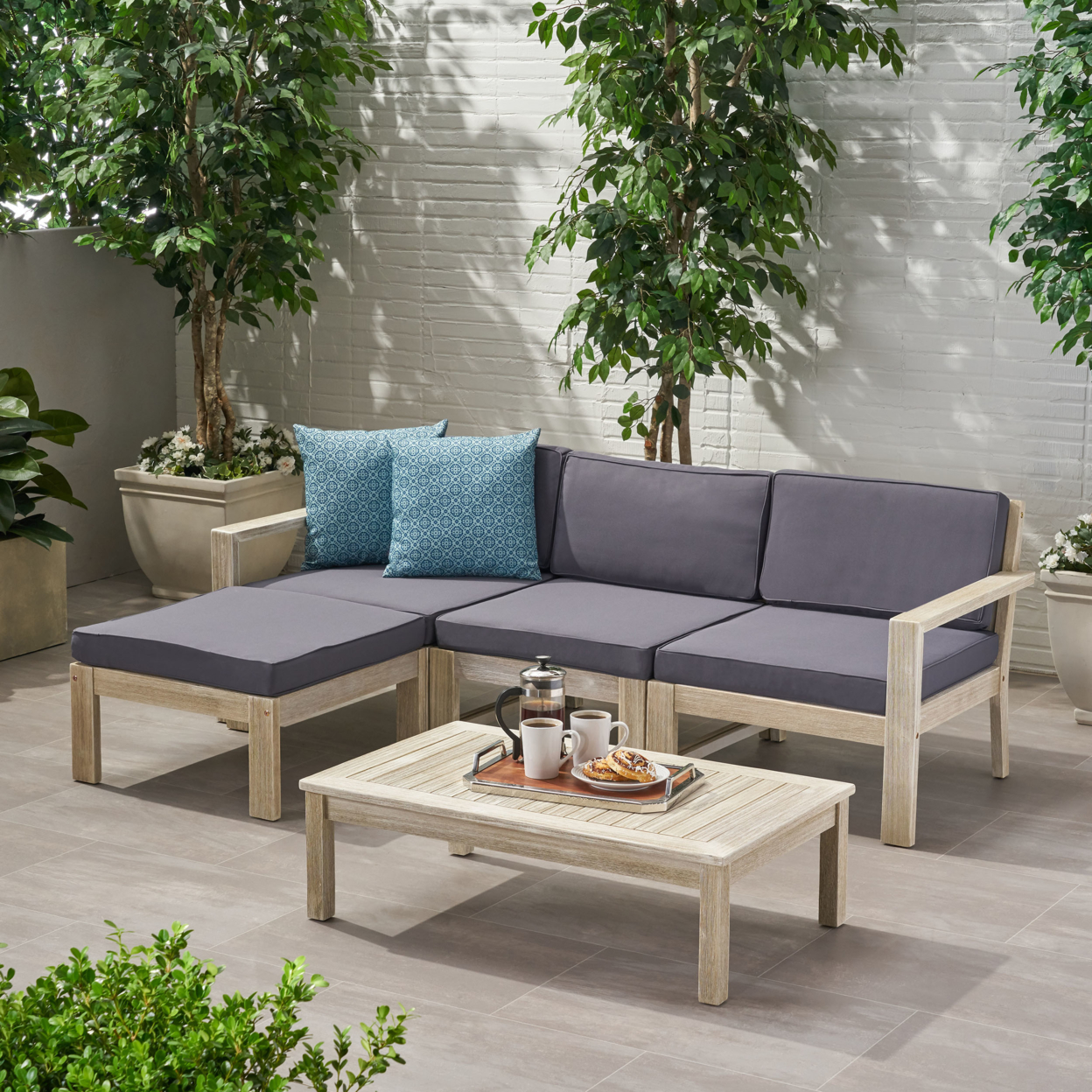 Isabella Ana Outdoor 3 Seater Acacia Wood Sofa Sectional With Cushions - Wire Brushed Light Gray Wash + Dark Gray