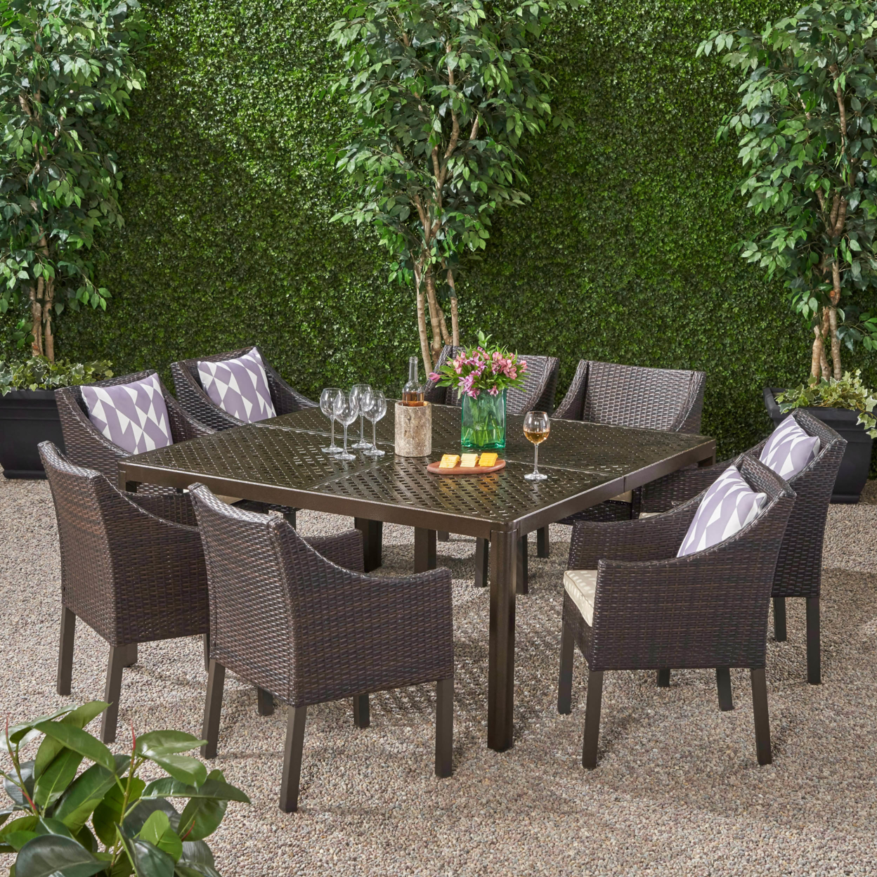 Megan Outdoor Aluminum And Wicker 8 Seater Dining Set - Gloss Black + Multibrown + Beige