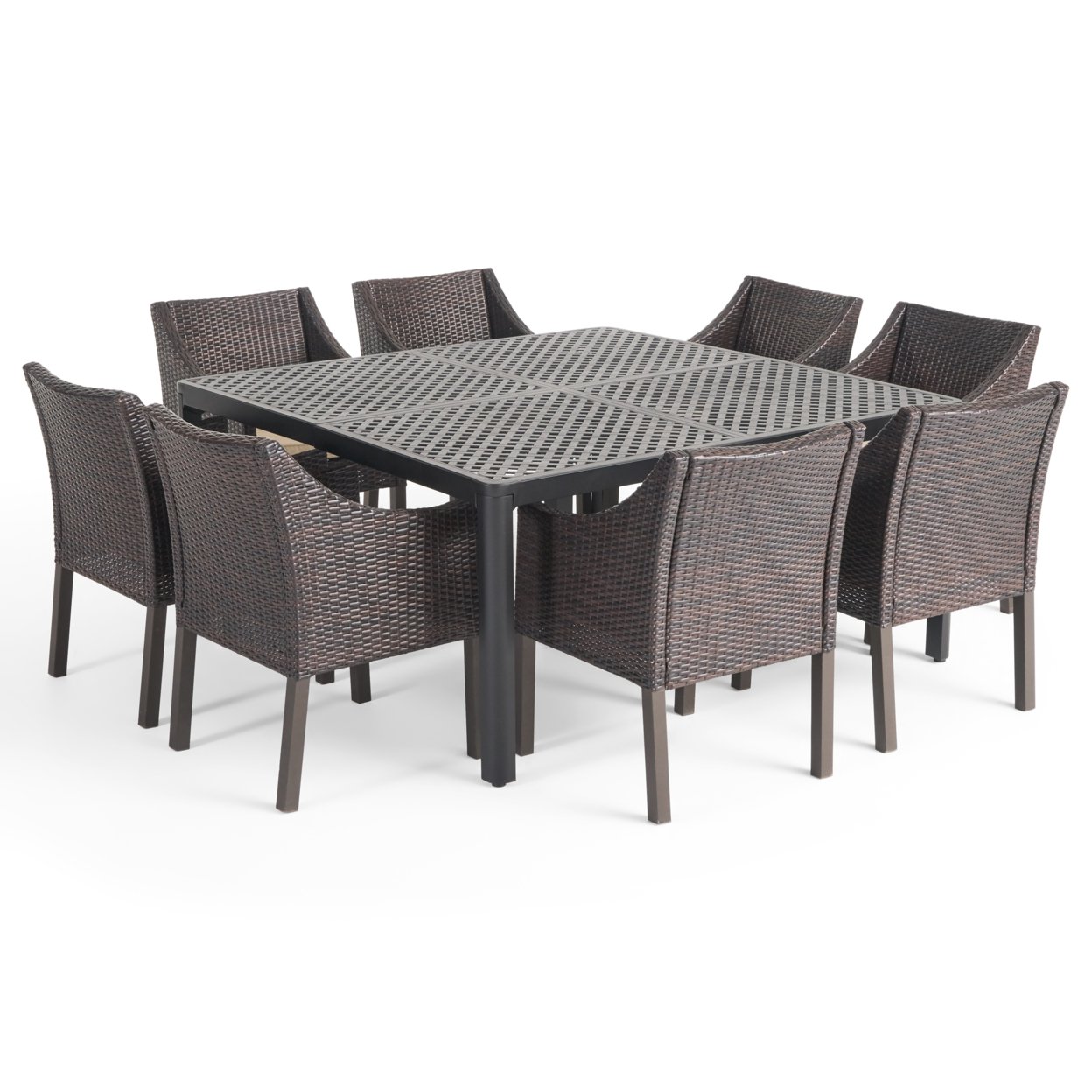 Megan Outdoor Aluminum And Wicker 8 Seater Dining Set - Gloss Black + Multibrown + Beige