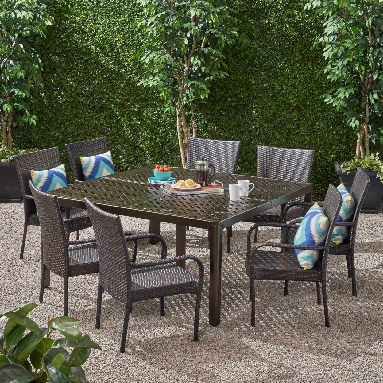 Lillian Outdoor Aluminum And Wicker 8 Seater Dining Set With Stacking Chairs - Gloss Black + Multibrown