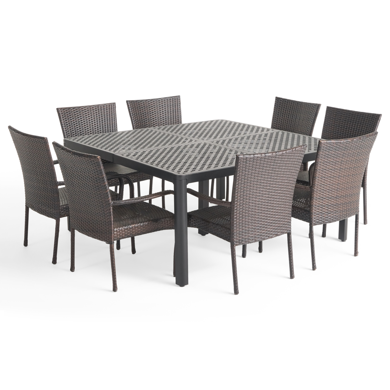 Lillian Outdoor Aluminum And Wicker 8 Seater Dining Set With Stacking Chairs - Antique Matte Black + Multibrown