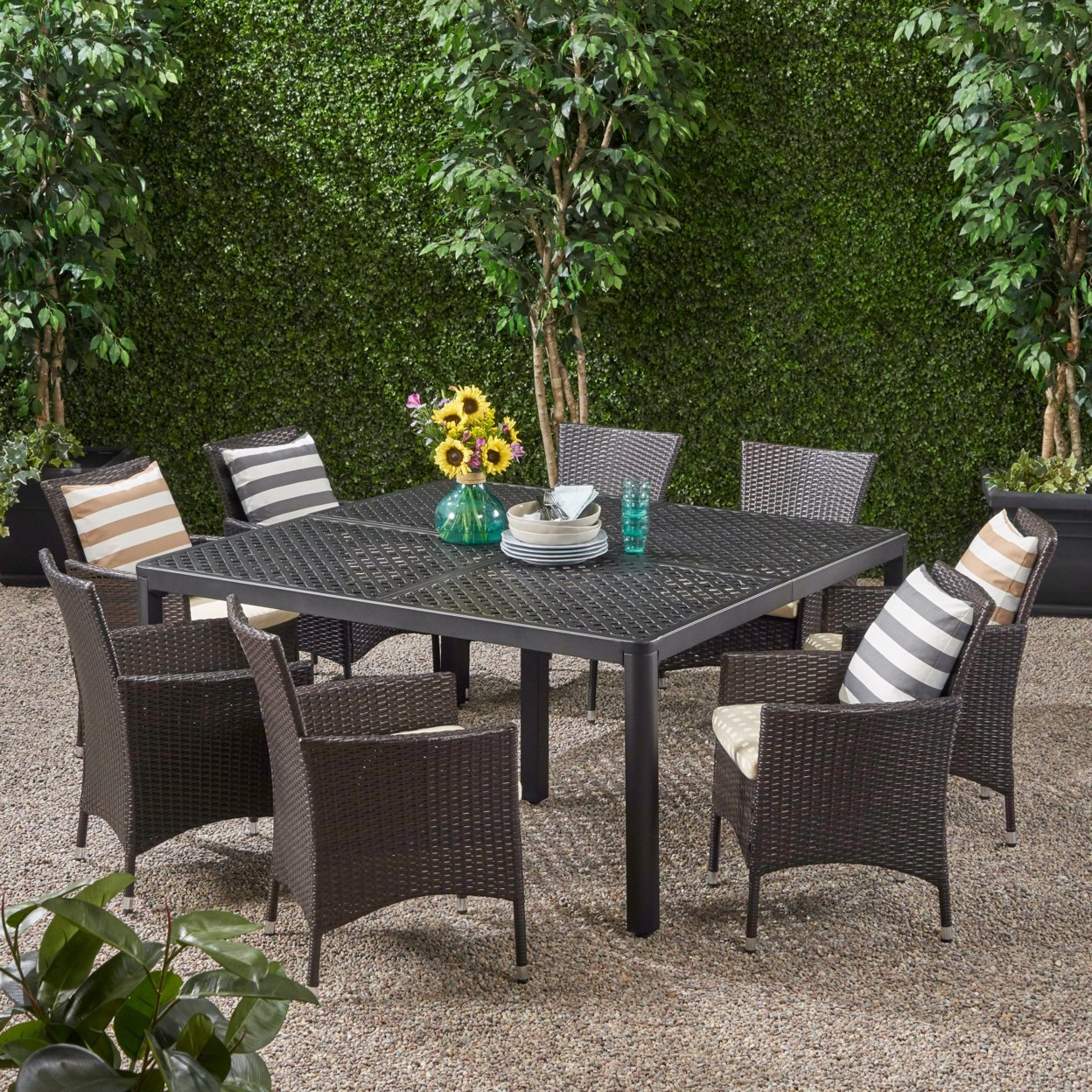 Nelly Outdoor Aluminum And Wicker 8 Seater Dining Set - Antique Matte Black + Multibrown + Beige