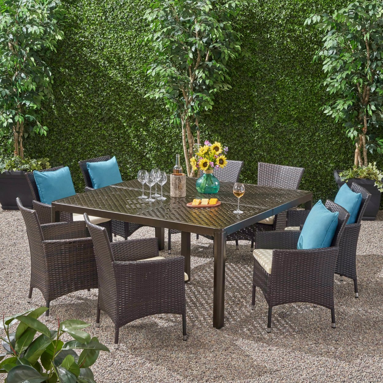 Nelly Outdoor Aluminum And Wicker 8 Seater Dining Set - Gloss Black + Multibrown + Beige