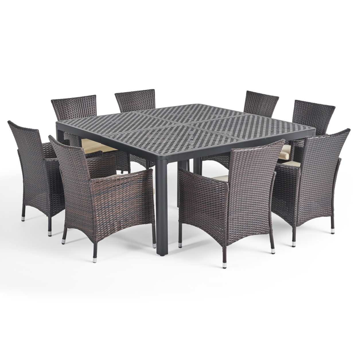 Nelly Outdoor Aluminum And Wicker 8 Seater Dining Set - Antique Matte Black + Multibrown + Beige