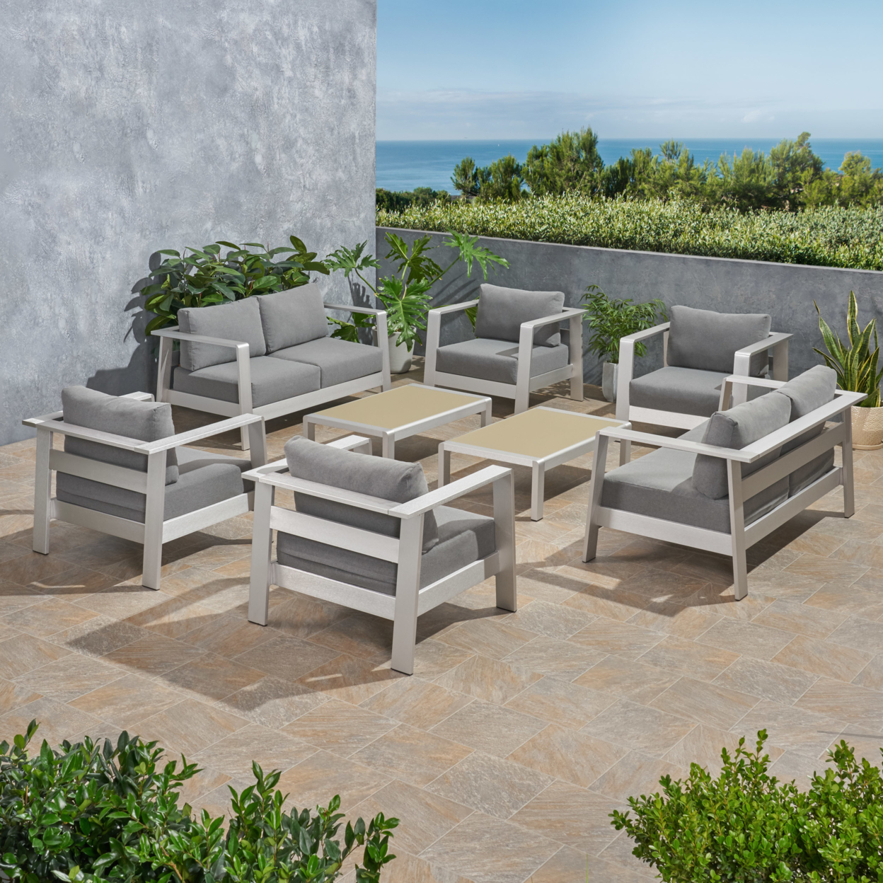 Qearl Outdoor 6 Seater Aluminum Club Chair Set With Coffee Table And Loveseat - Silver + Gray