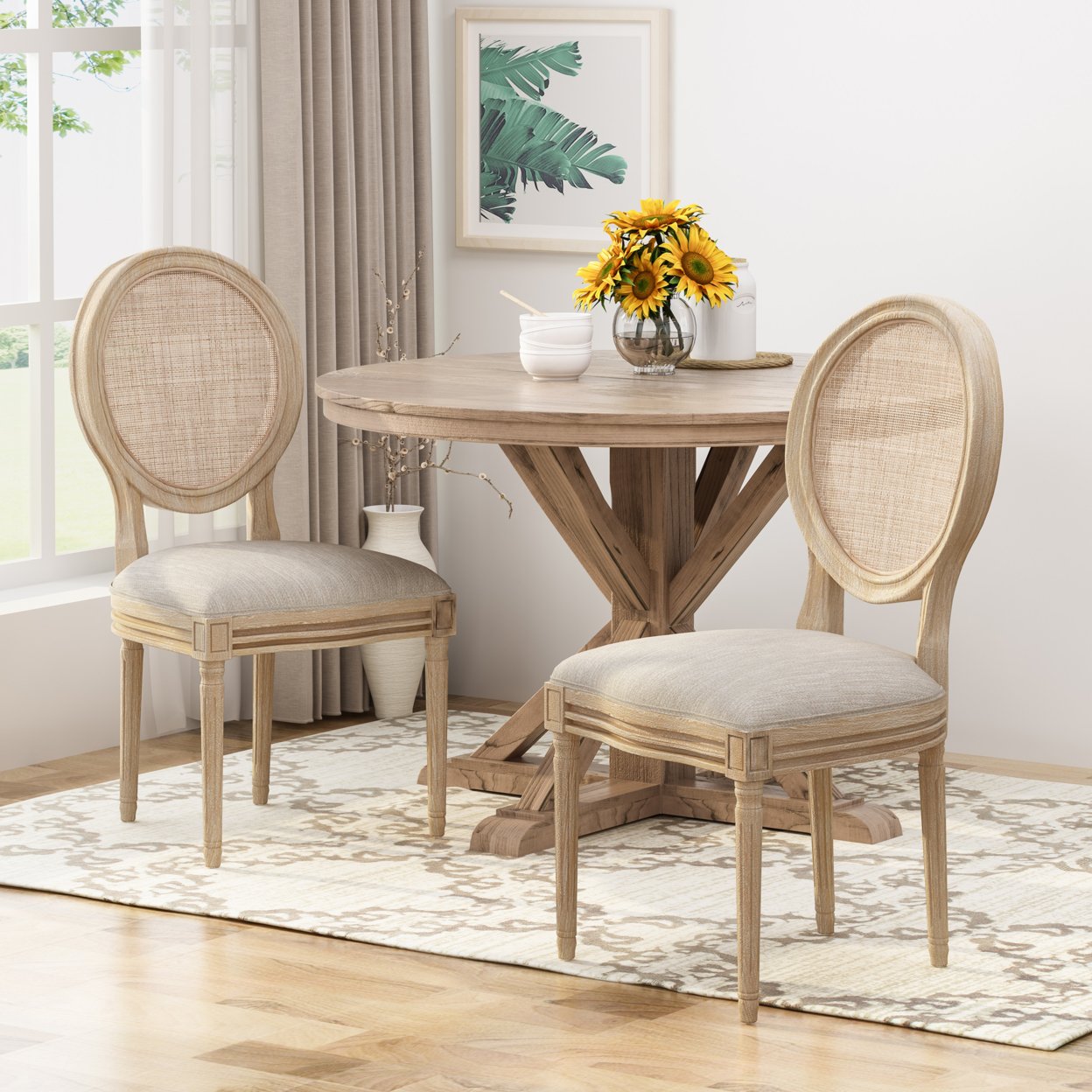 Camilo Wooden Dining Chair With Wicker And Fabric Seating (Set Of 2) - Beige + Natural