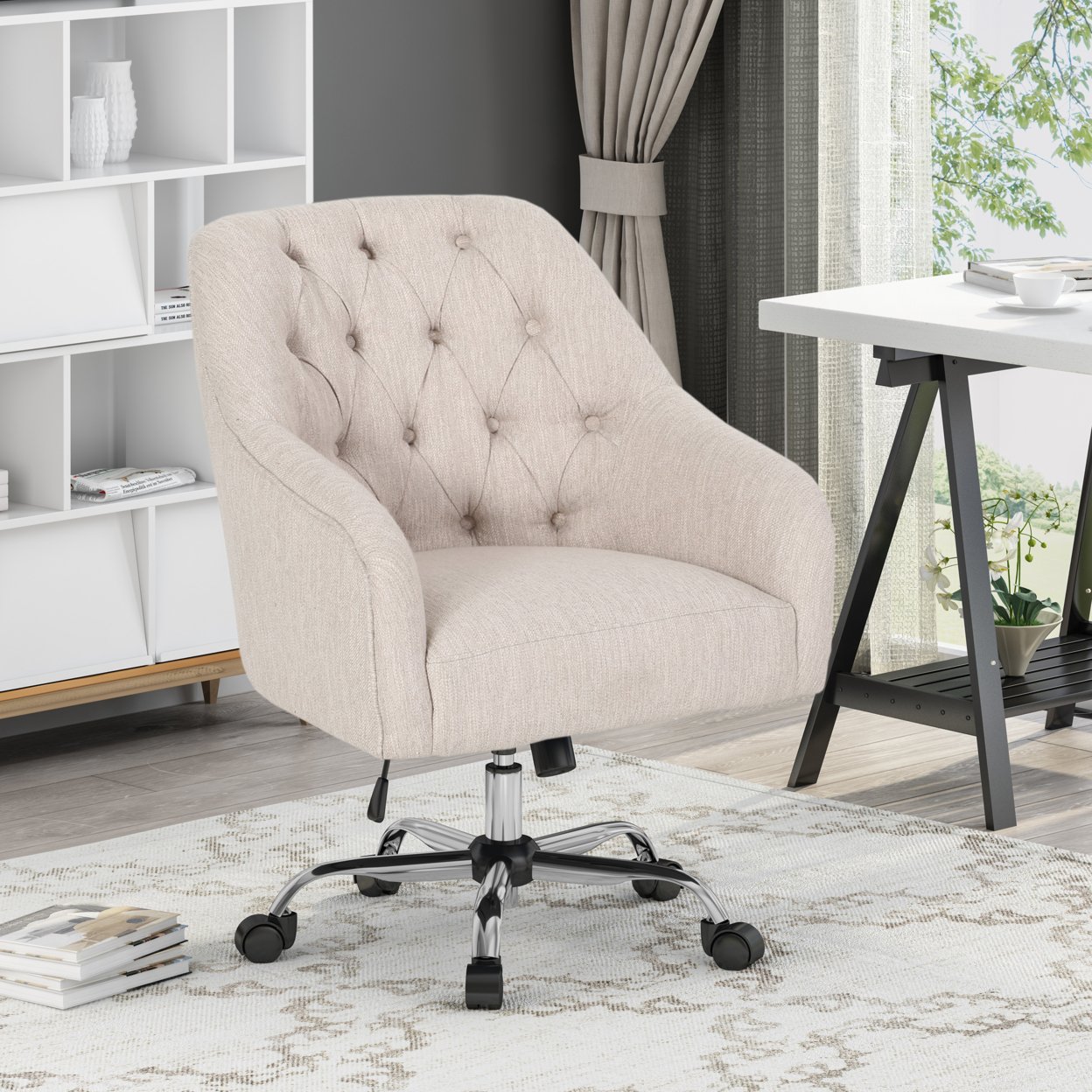 Uriel Tufted Home Office Chair With Swivel Base - Beige + Silver Finish