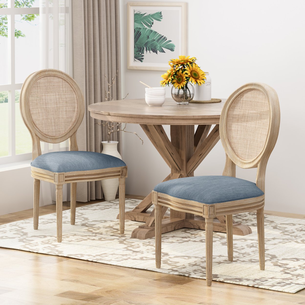 Camilo Wooden Dining Chair With Wicker And Fabric Seating (Set Of 2) - Light Blush + Natural