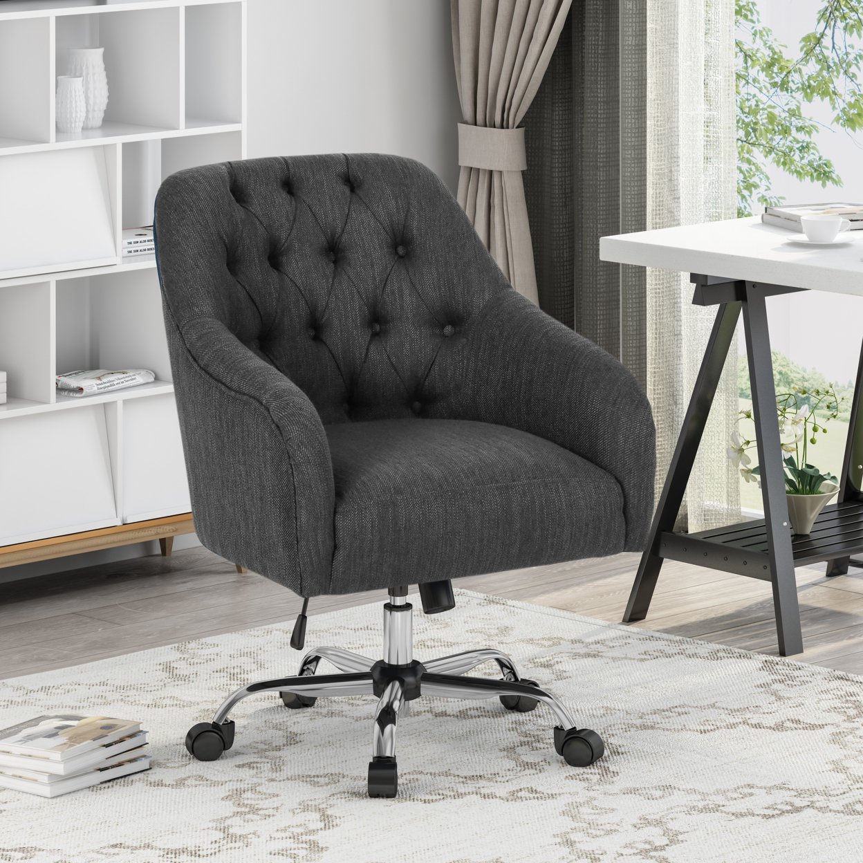 Uriel Tufted Home Office Chair With Swivel Base - Charcoal + Silver Finish