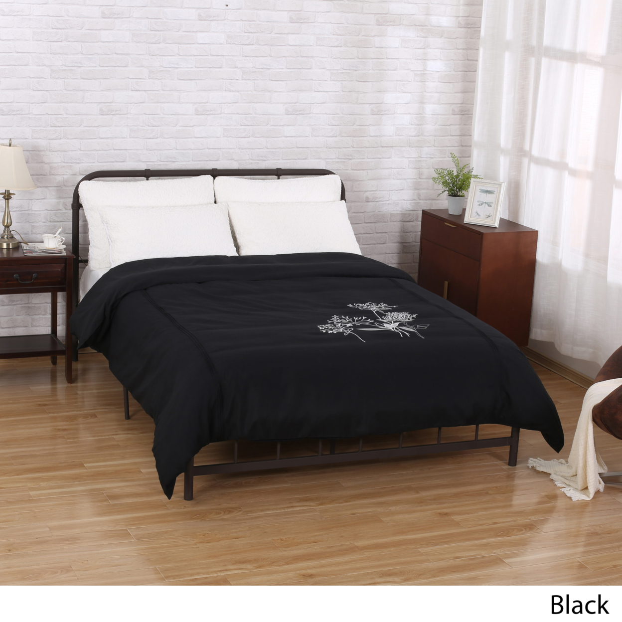 Miley Queen Size Fabric Duvet With Floral Design - Black