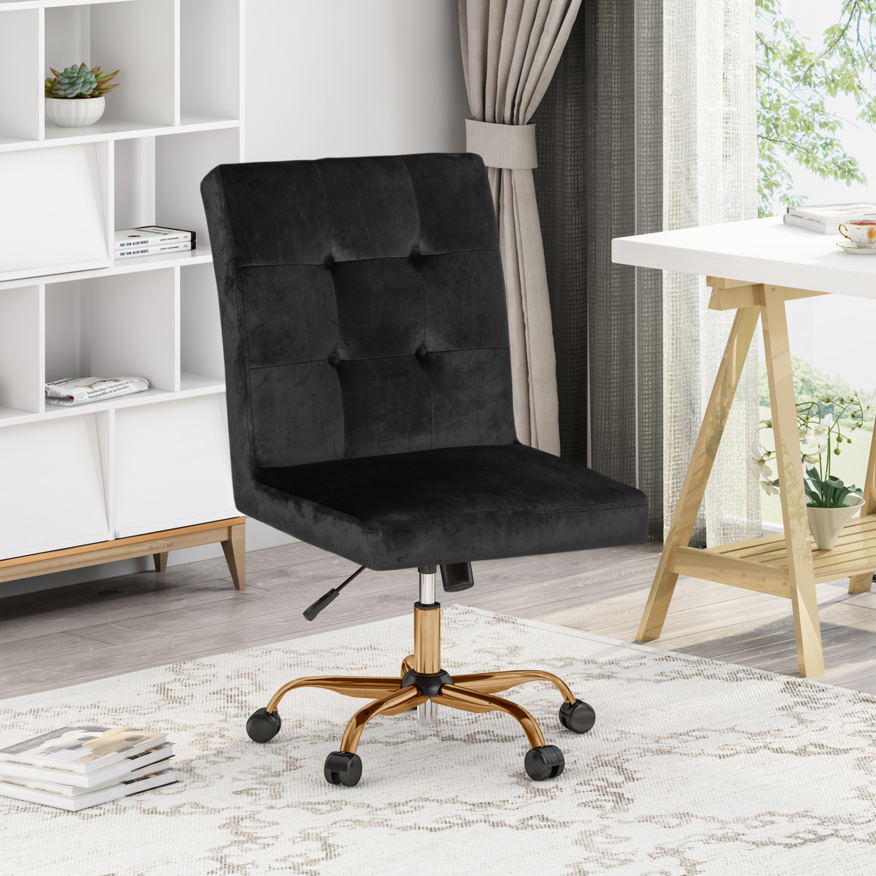 Theodore Glam Tufted Home Office Chair With Swivel Base - Black + Rose Gold Finish