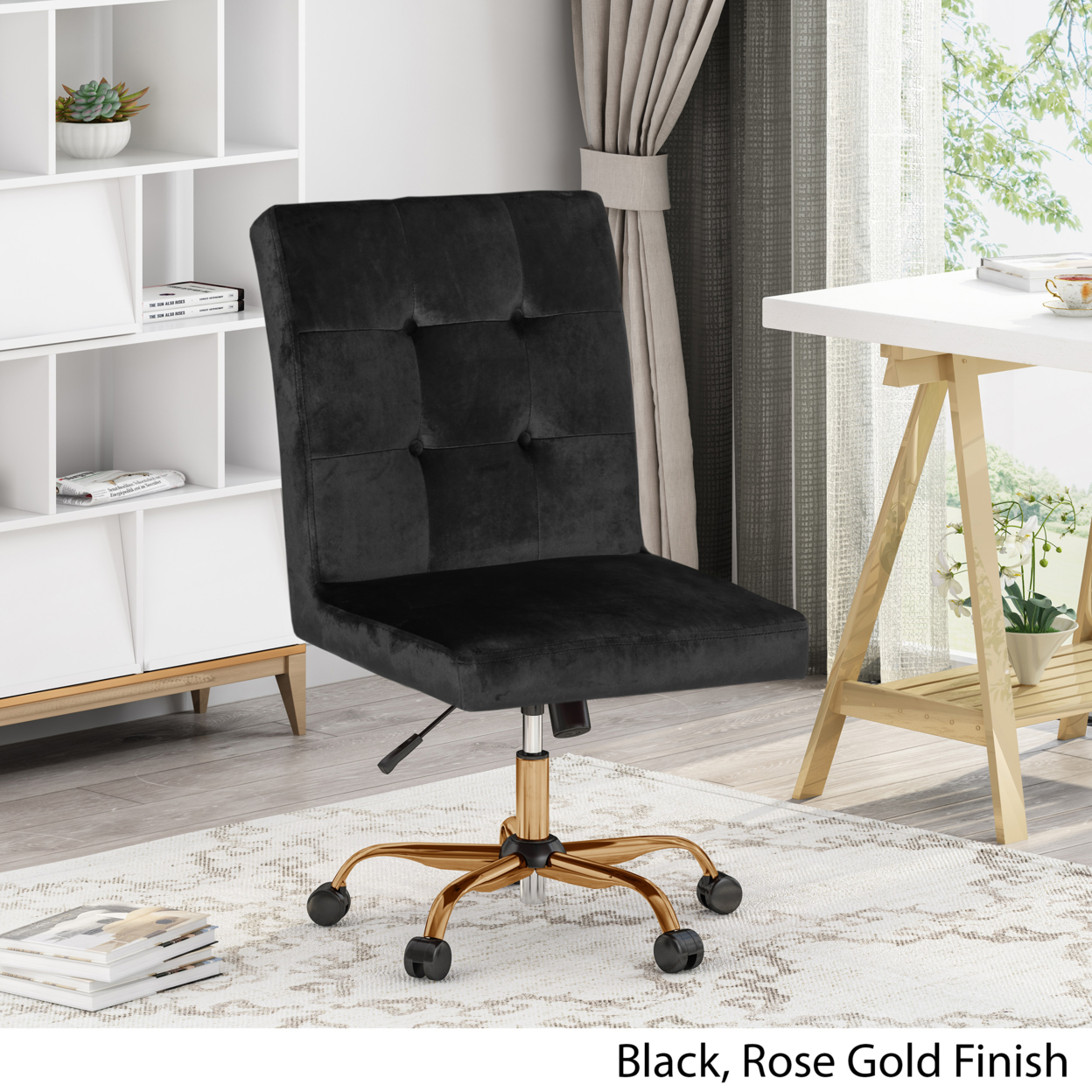 Theodore Glam Tufted Home Office Chair With Swivel Base - Black + Rose Gold Finish