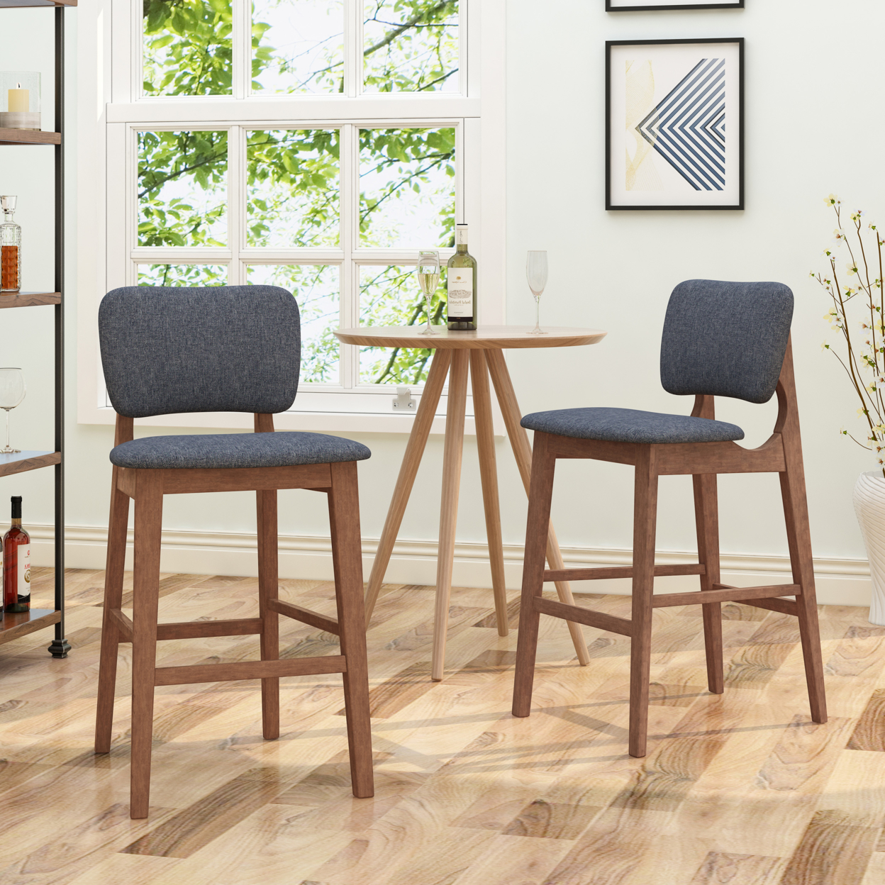 Luella 42 Wooden Bar Chair With Fabric Seats (Set Of 2) - Dark Green + Walnut Finish