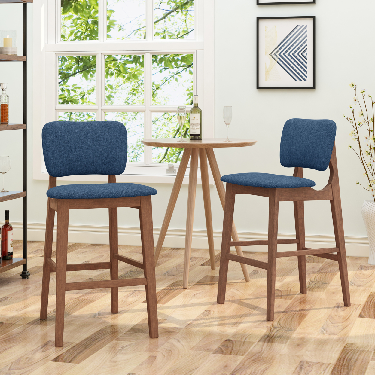Luella 42 Wooden Bar Chair With Fabric Seats (Set Of 2) - Dark Blue + Walnut Finish