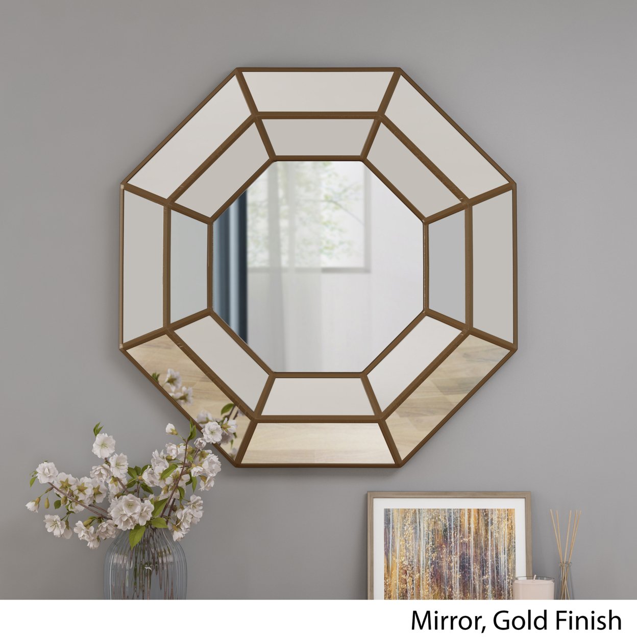 Joe Modern Raised Octagon Mirror With Accents - Mirror + Gold Finish