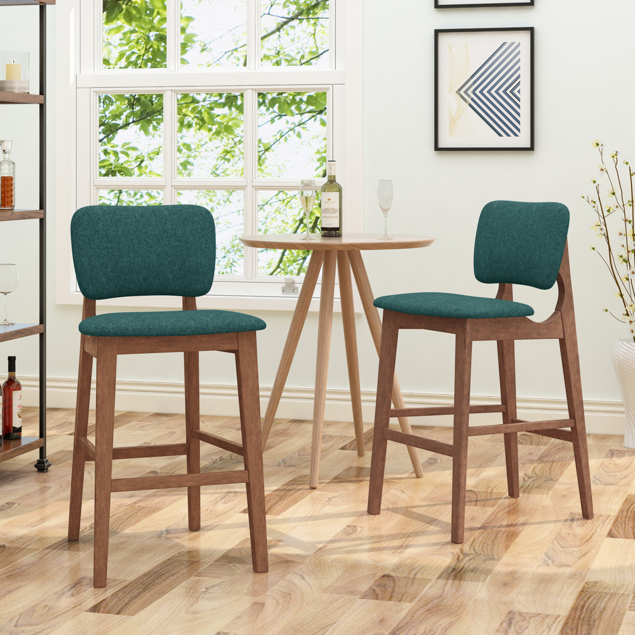 Luella 42 Wooden Bar Chair With Fabric Seats (Set Of 2) - Dark Green + Walnut Finish