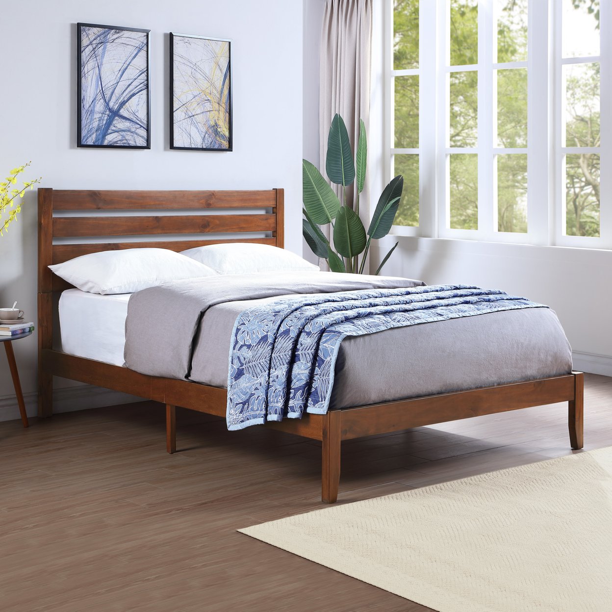 Kenley Queen Size Bed With Headboard - White Finish + Natural