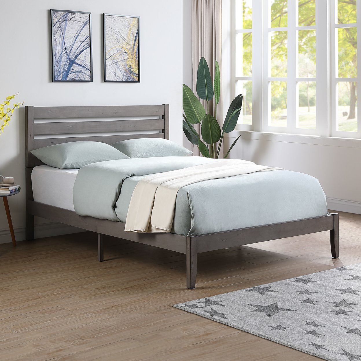 Kenley Queen Size Bed With Headboard - Gray Finish + Natural