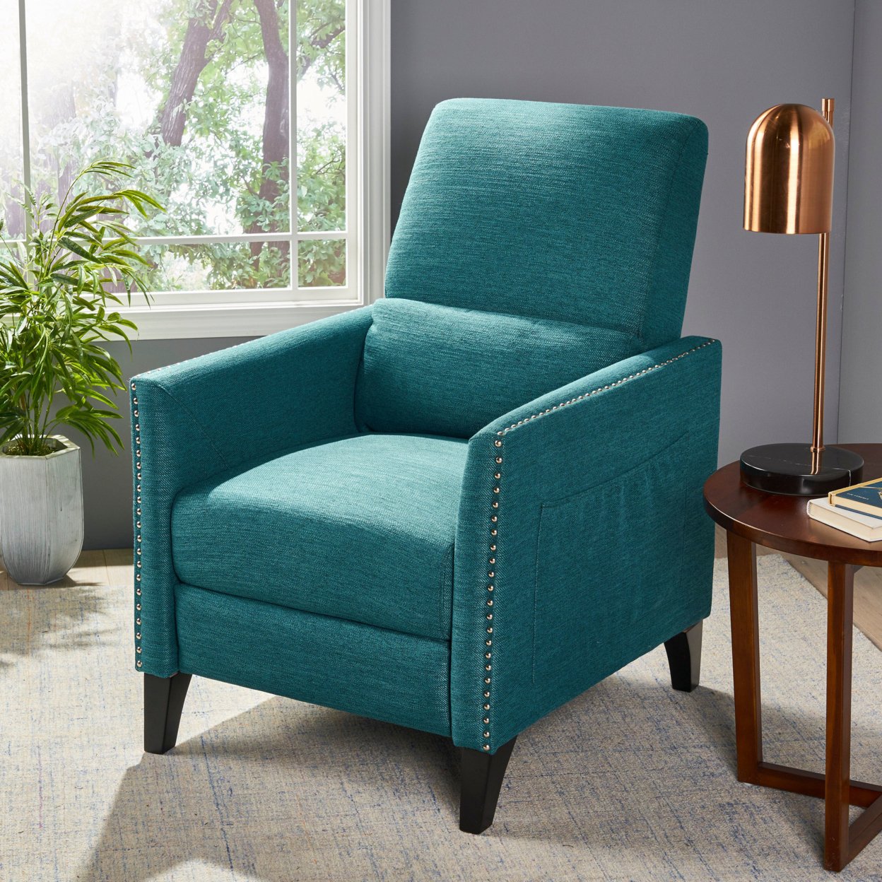 Alexis Contemporary Fabric Push Back Recliner - teal + dark brown