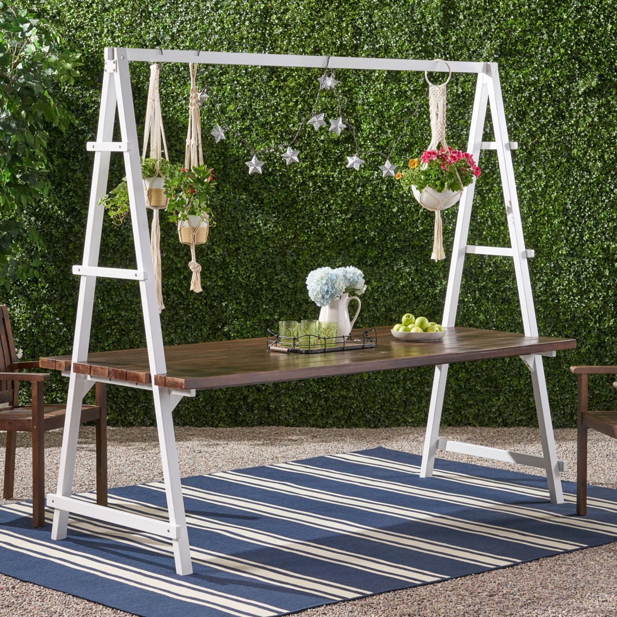 Chloe Outdoor Acacia Wood 88.5 Dining Table With Iron Plant Hanger - Teak Finish + Black