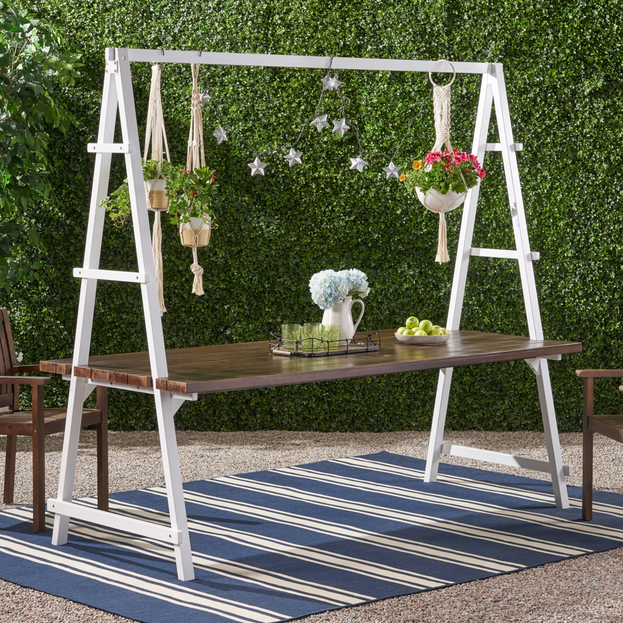 Chloe Outdoor Acacia Wood 88.5 Dining Table With Iron Plant Hanger - Dark Brown + White