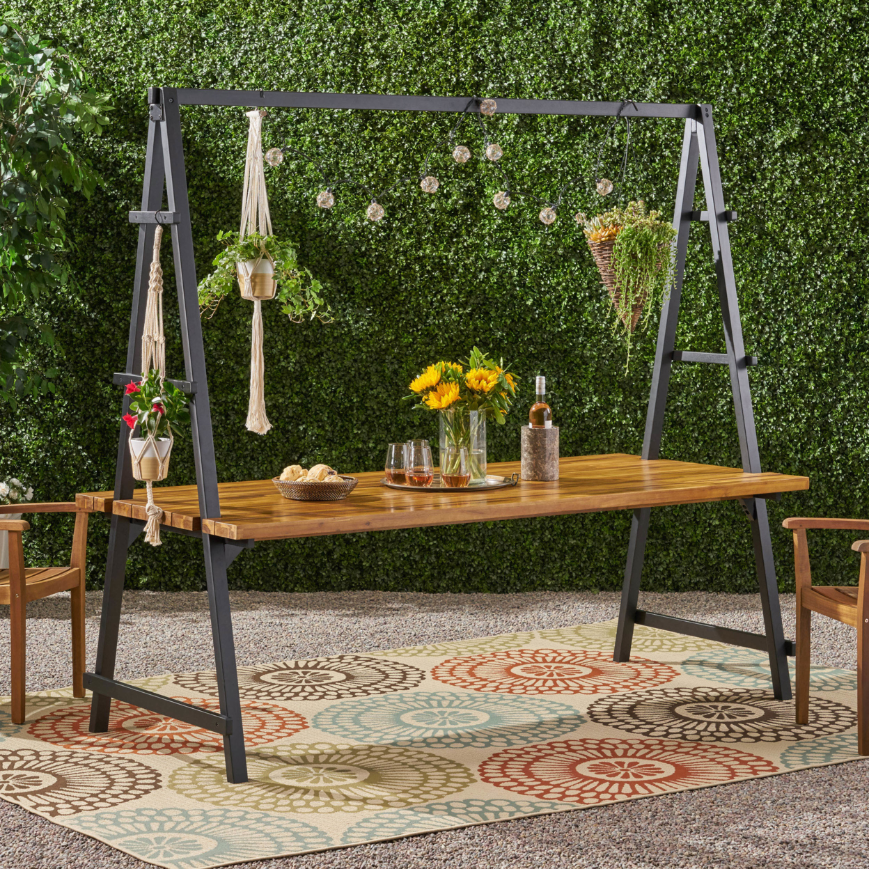 Chloe Outdoor Acacia Wood 88.5 Dining Table With Iron Plant Hanger - Dark Brown + White