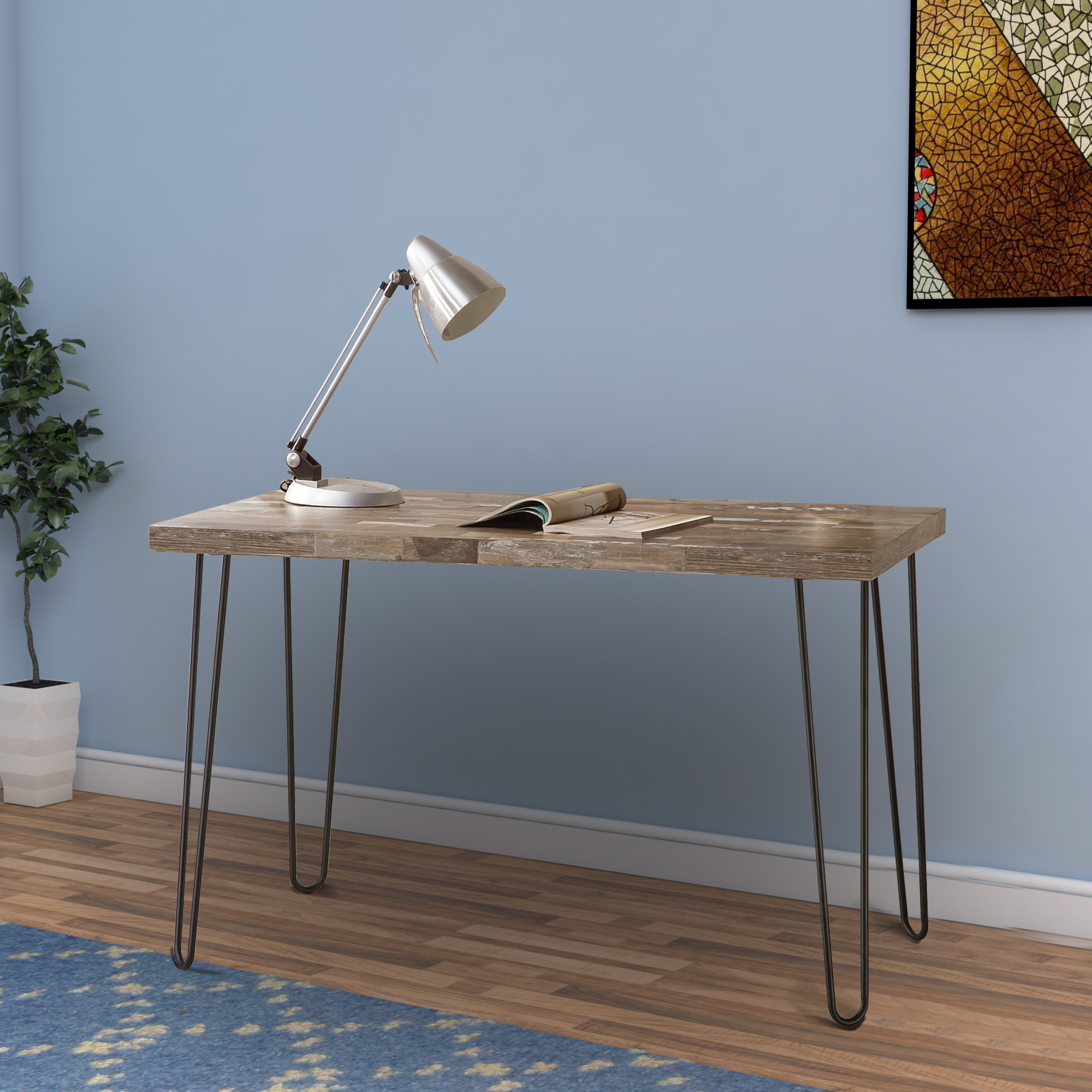 Industrial Style Writing Desk With Hairpin Metal Legs, Brown- Saltoro Sherpi
