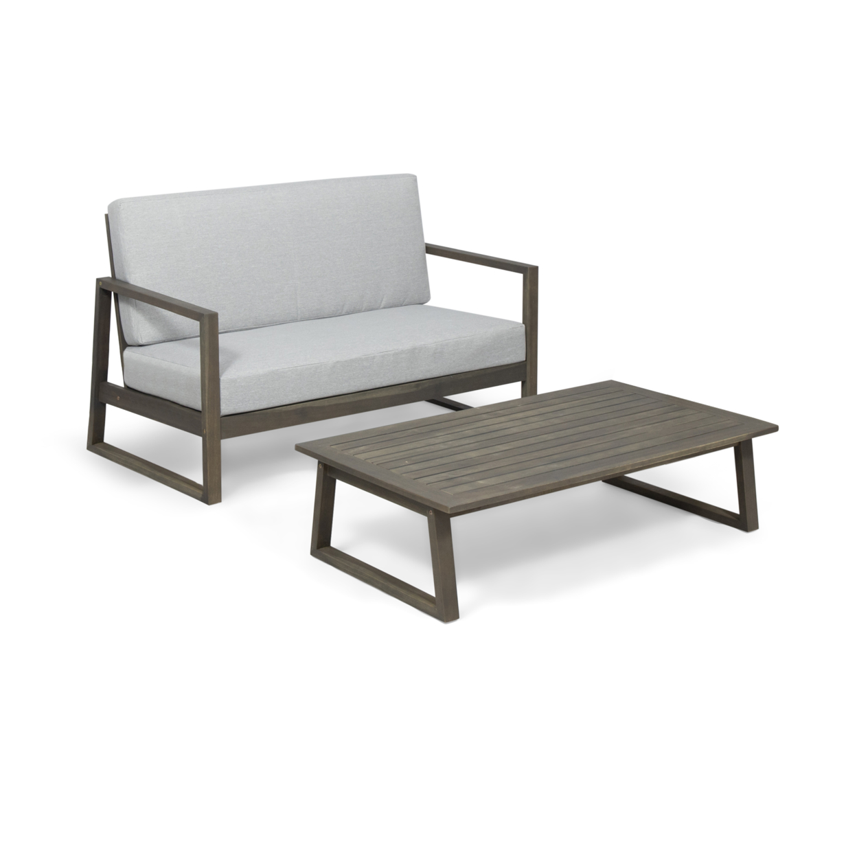 Angelia Outdoor Acacia Wood Chat Set With Coffee Table - Gray Finish, Light Gray