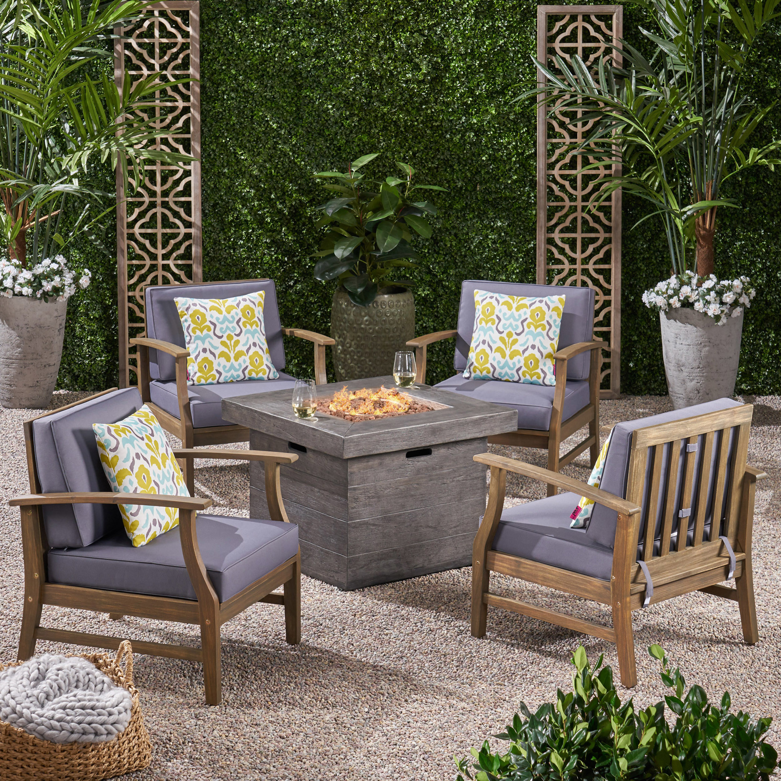 Easter Outdoor 4 Seat Teak Finished Acacia Wood Club Chairs Fire Pit Chat Set - Gray + Dark Gray