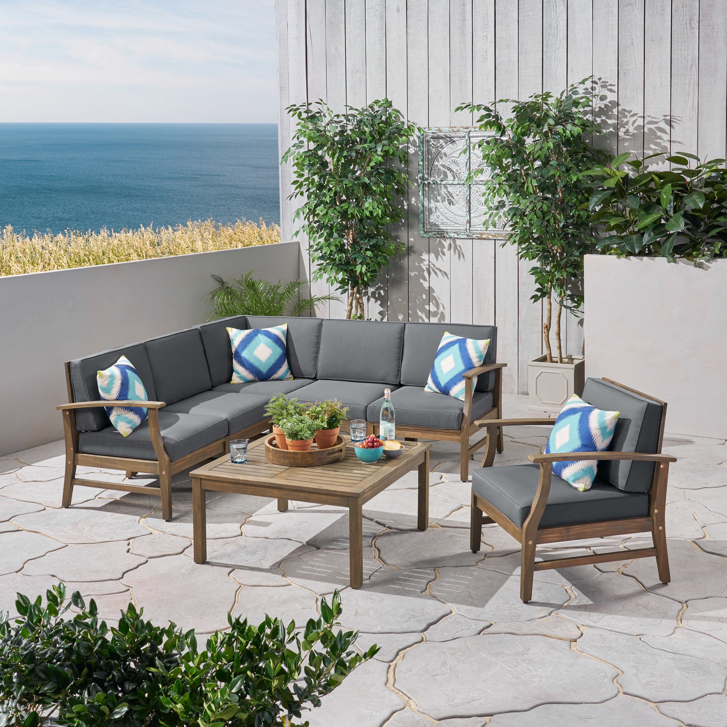 Capri Outdoor 7 Piece Teak Finished Acacia Wood Sofa Set - Gray + Dark Gray