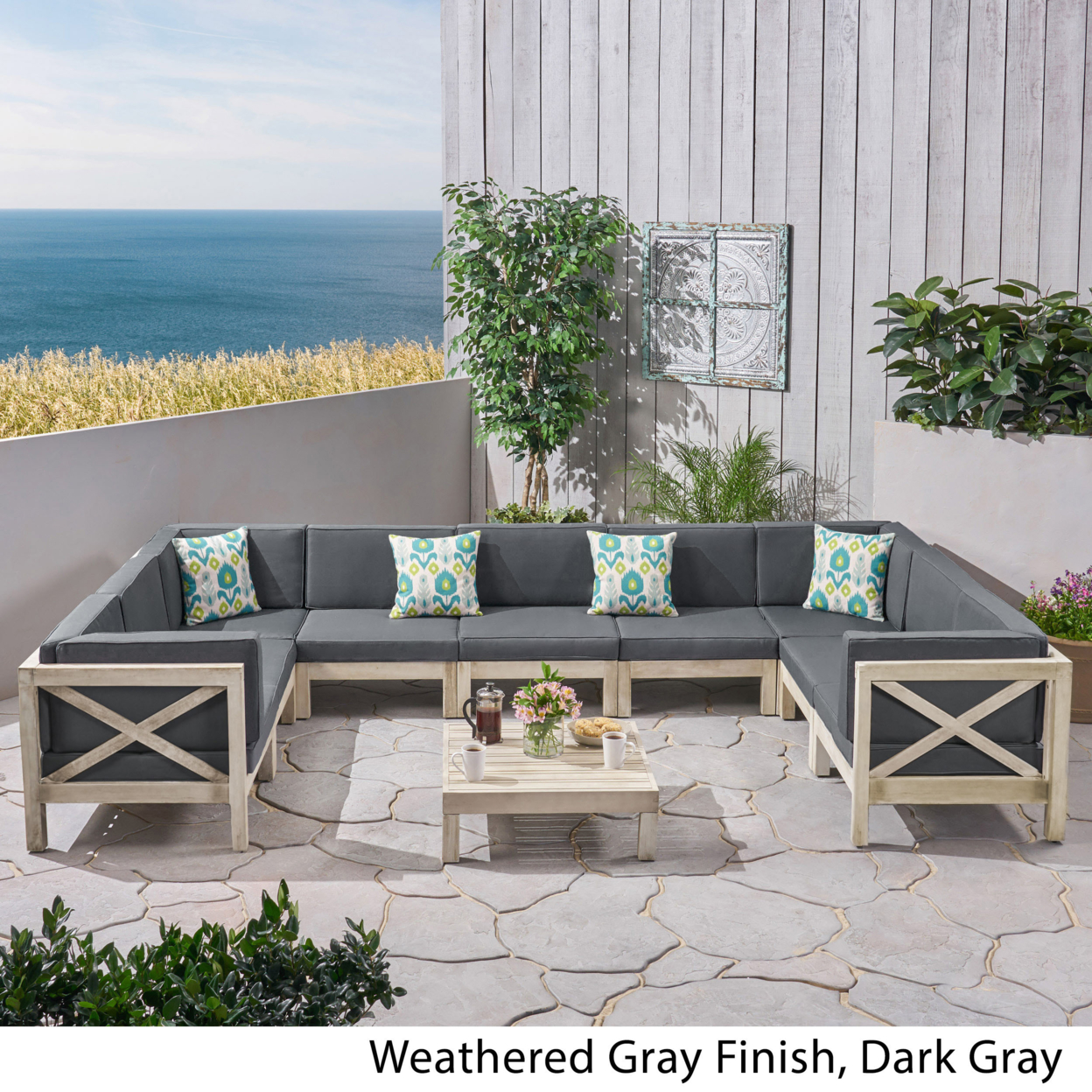 Olivia Outdoor 9 Seater Acacia Wood Sectional Sofa Set - Weathered Gray Finish + Dark Gray