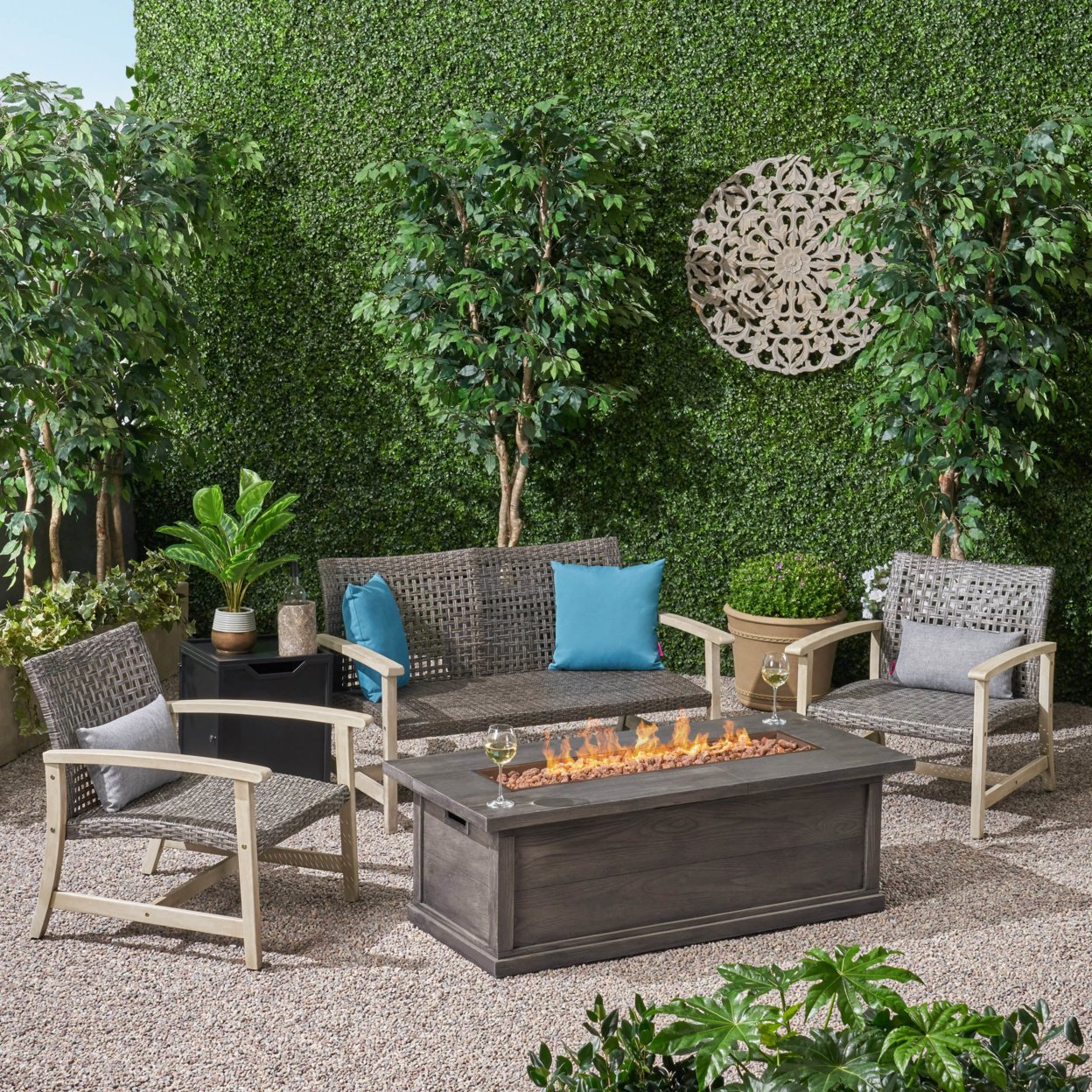 Rachel Outdoor 5 Piece Wood And Wicker Chat Set With Fire Pit - Mixed Black + Light Gray Washed Finish + Gray + Black