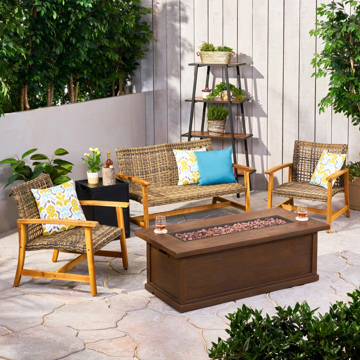 Rachel Outdoor 5 Piece Wood And Wicker Chat Set With Fire Pit - Mixed Mocha + Natural Finish + Brown + Black