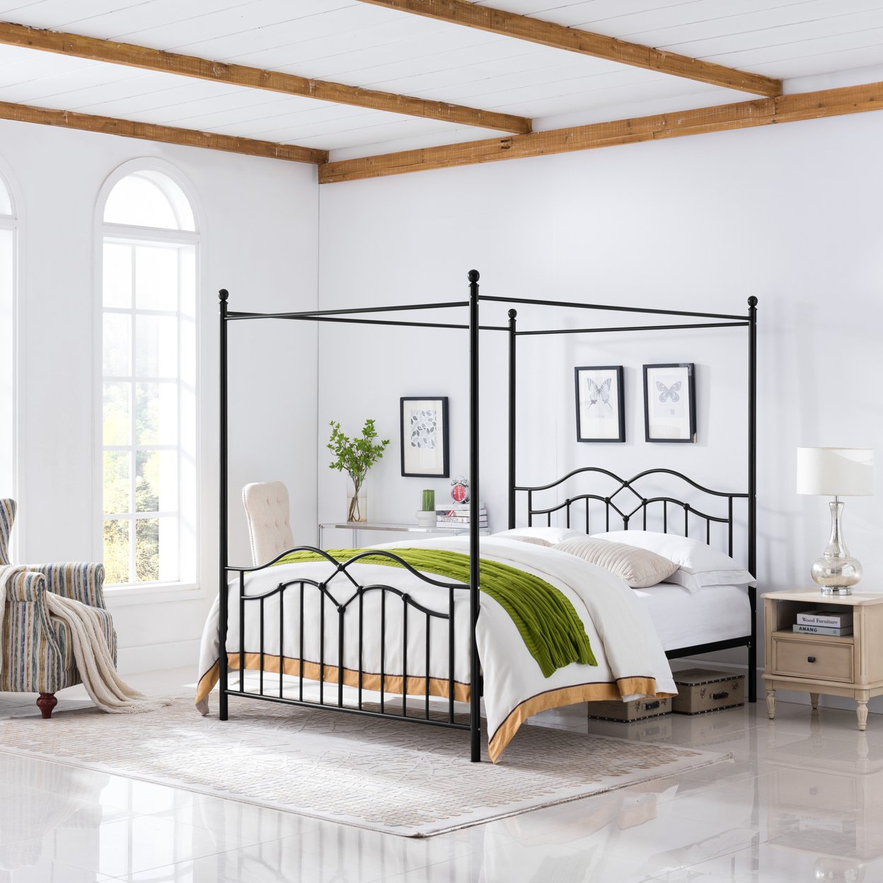 Simona Traditional Iron Canopy Queen Bed Frame - Flat Black