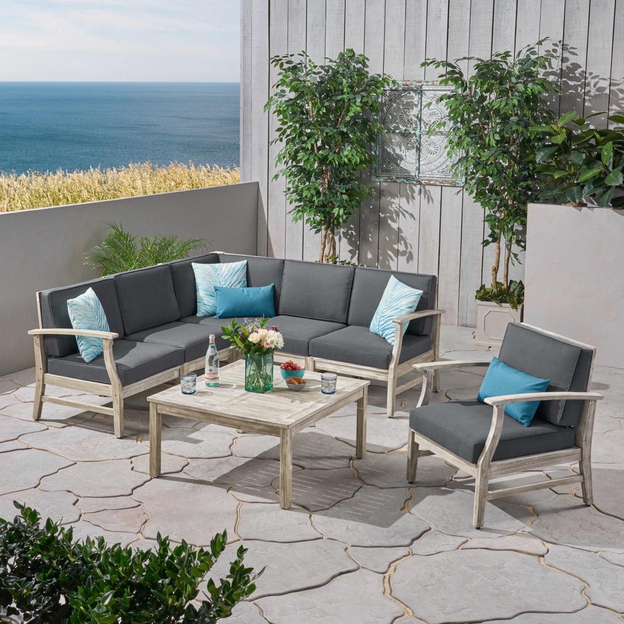 Capri Outdoor 7 Piece Acacia Wood Sectional Sofa And Club Chair Set - Light Gray Wash + Dark Gray