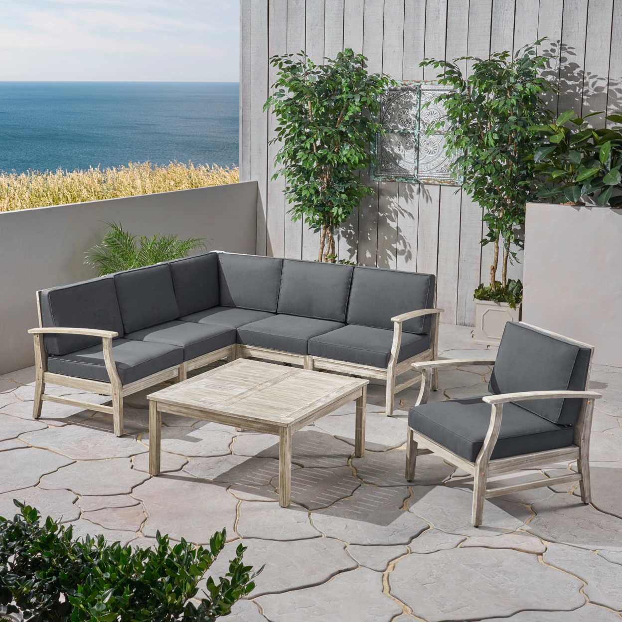 Capri Outdoor 7 Piece Acacia Wood Sectional Sofa And Club Chair Set - Light Gray Wash + Dark Gray