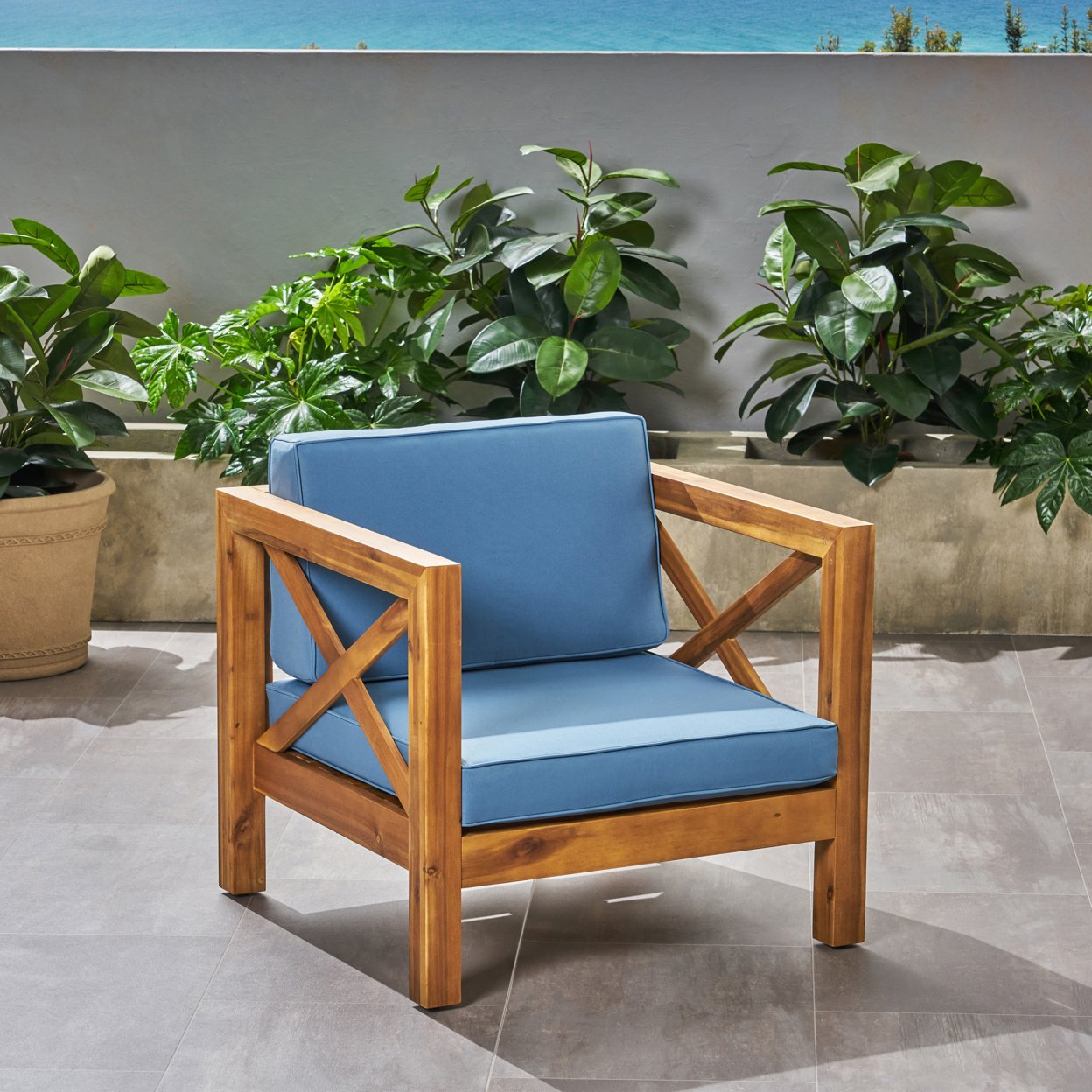 Indira Outdoor Acacia Wood Club Chair With Cushion - Teak Finish + Blue