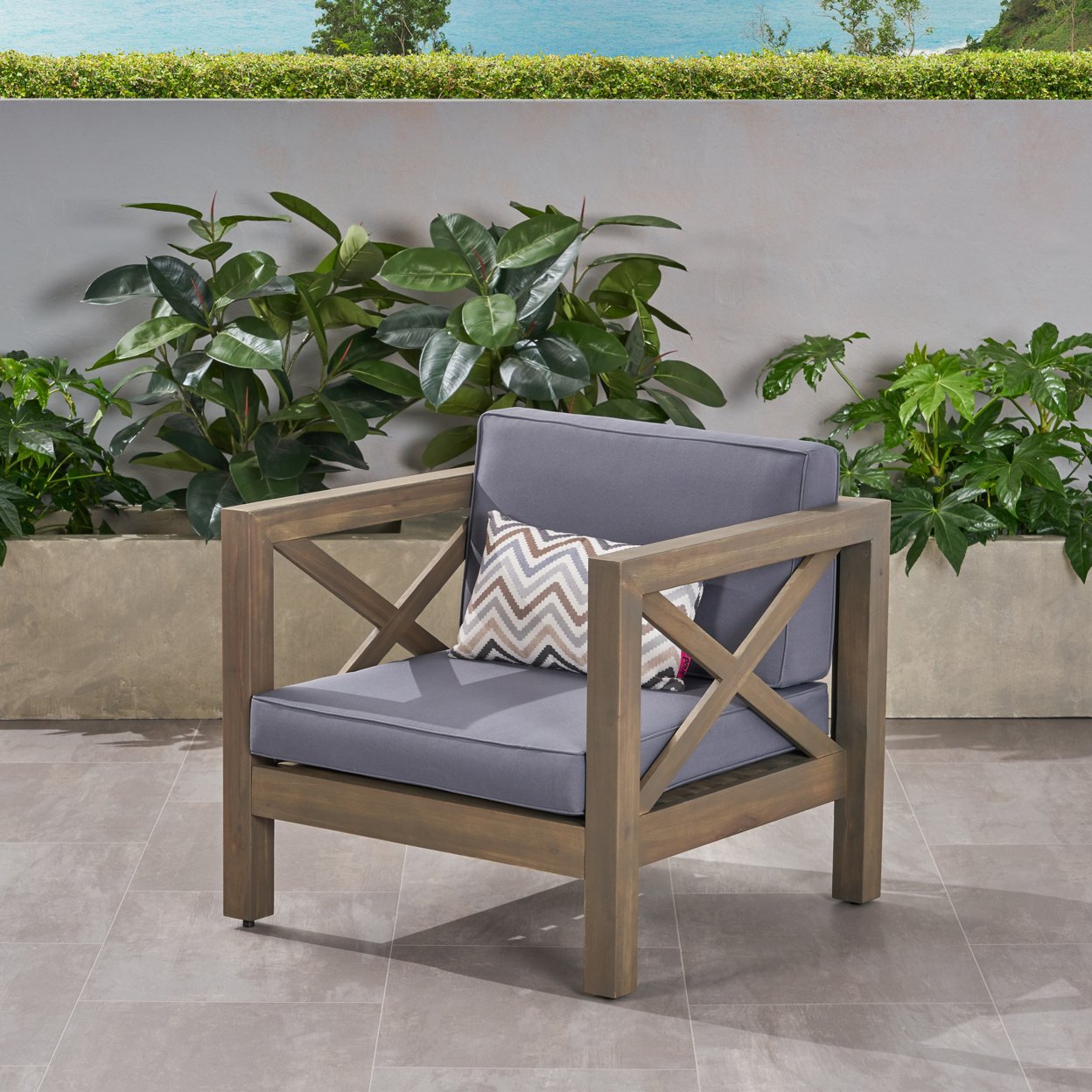 Indira Outdoor Acacia Wood Club Chair With Cushion - Teak Finish + Blue