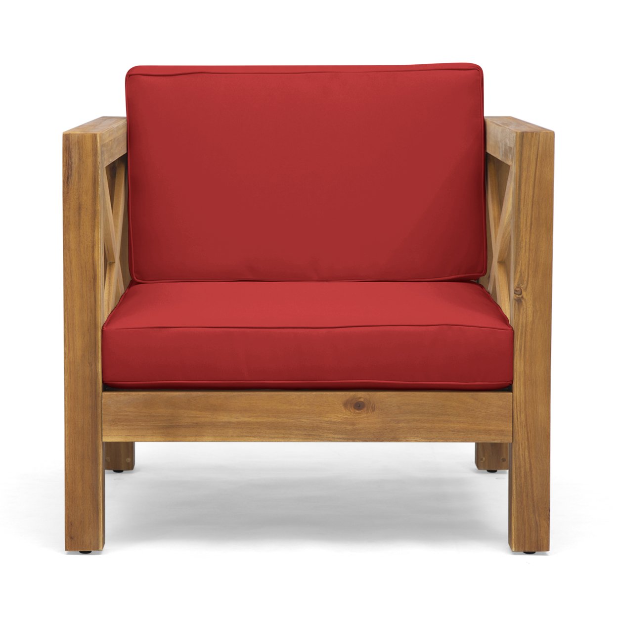 Indira Outdoor Acacia Wood Club Chair With Cushion - Teak Finish + Red