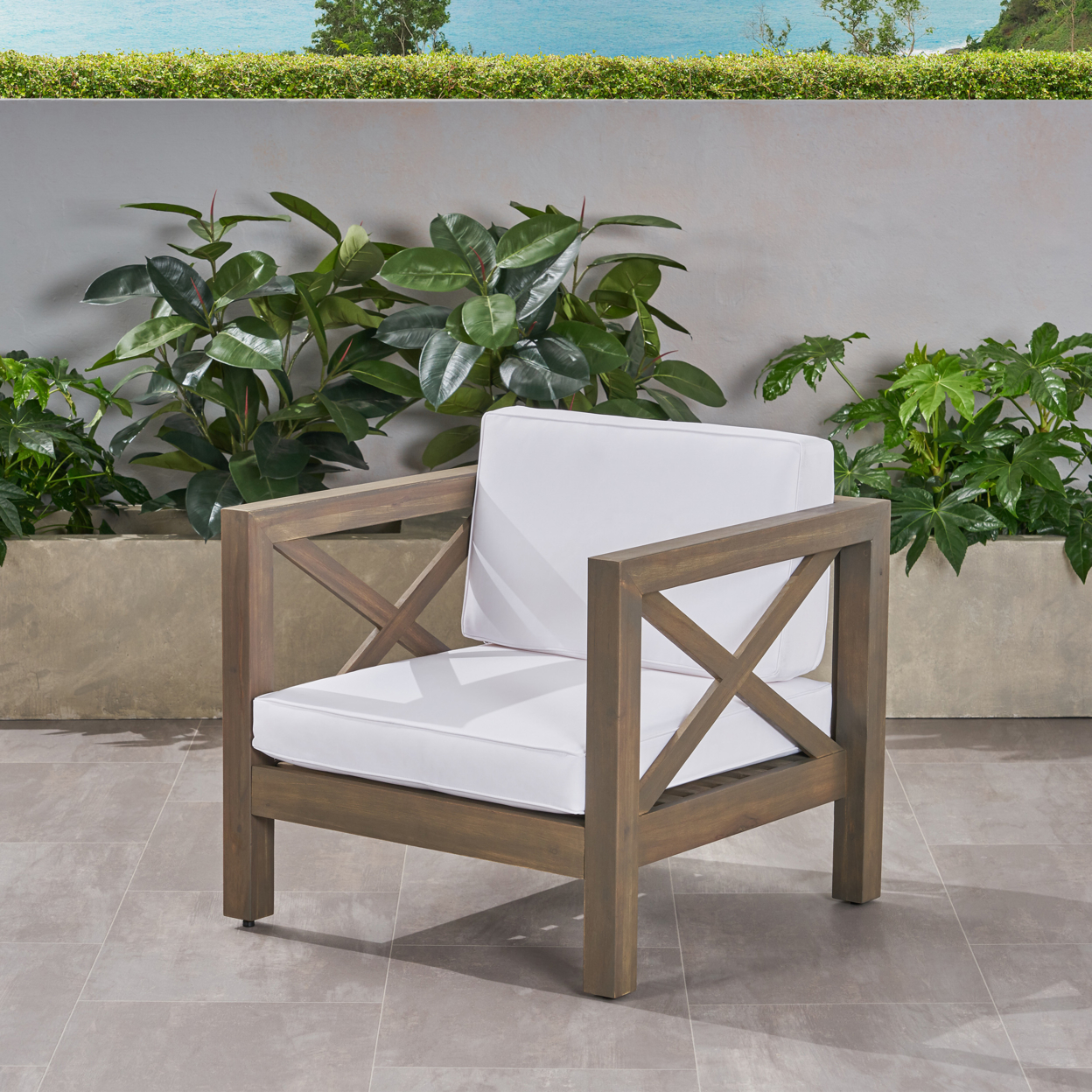 Indira Outdoor Acacia Wood Club Chair With Cushion - Gray Finish + White