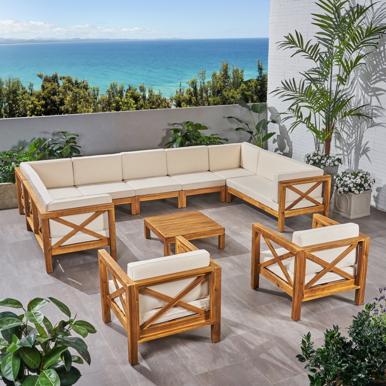 Isabella Outdoor 11 Seater Acacia Wood Sectional Sofa And Club Chair Set - Teak Finish + Beige