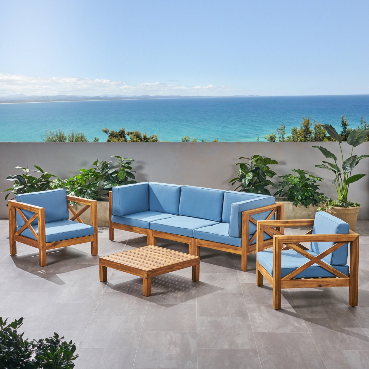 Morgan Outdoor 5 Seater Acacia Wood Sofa Chat Set - Teak Finish + Blue